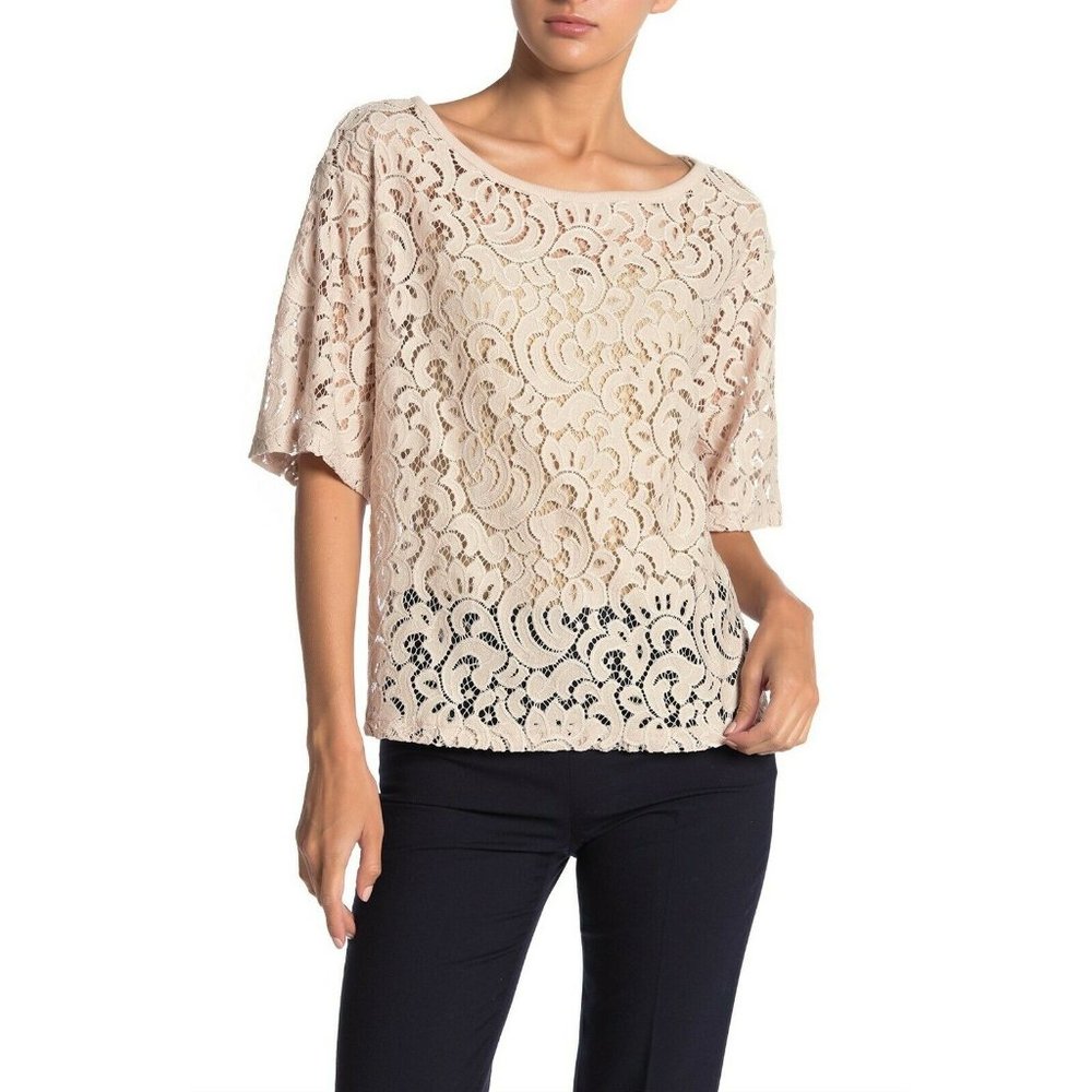 Pleione Womens Tan Lace Scoop Neck Top Oversize